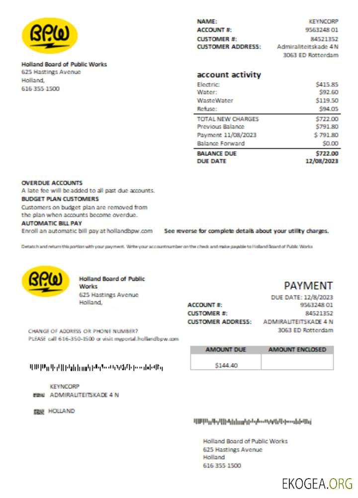 Facture commerciale de services publics Holland BPW, SCR